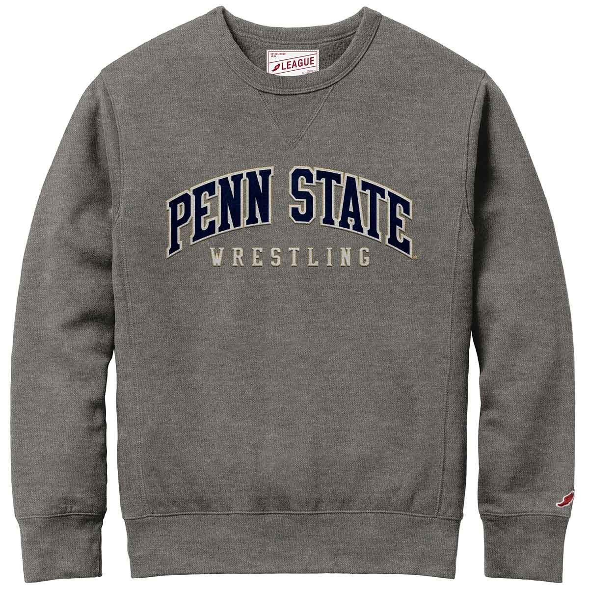 gray crew neck sweatshirt with sewn Penn State Wrestling